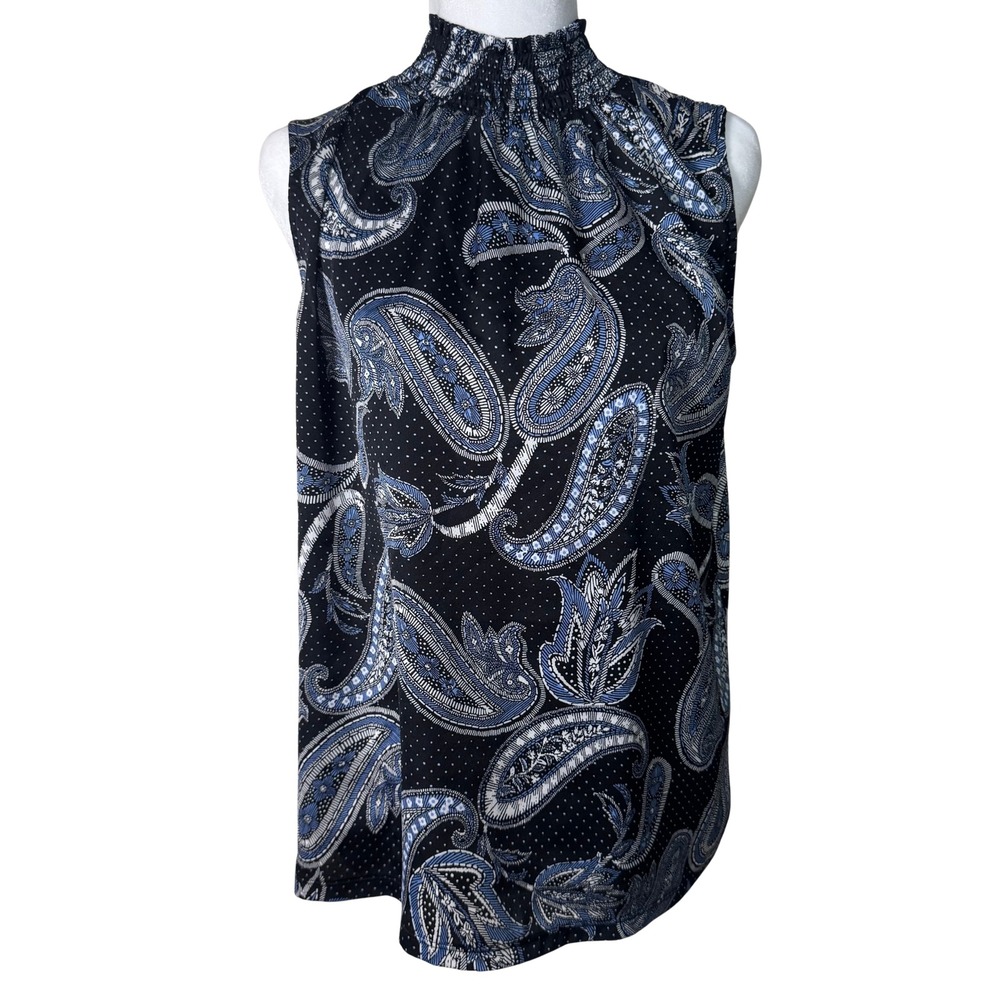 Paisley Smocked High Neck Sleeveless Blouse Black Blue White Polka Dot Top L
